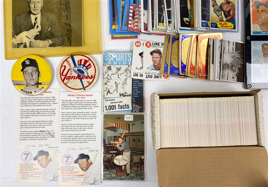 Mixed Sports Lot w. 1950s and 60s Baseball feat Mays and Berra, Mickey Mantle Post Card, 1990 Score and Fleer Football Complete Sets, 1985 Hulk Hogan Rookie and More