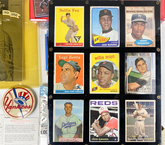 Mixed Sports Lot w. 1950s and 60s Baseball feat Mays and Berra, Mickey Mantle Post Card, 1990 Score and Fleer Football Complete Sets, 1985 Hulk Hogan Rookie and More