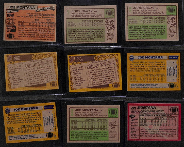 Lot of (9) 1980s Topps Football w. Montana, Elway, and Rice Rookies