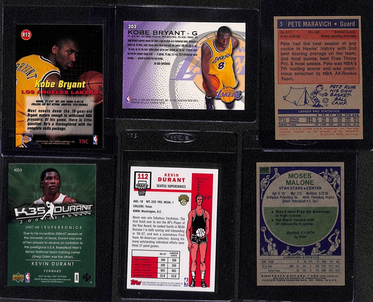 Lot of (6) Vintage and Modern Basketball Rookies and Stars w. Bryant, Maravich, Durant and Others