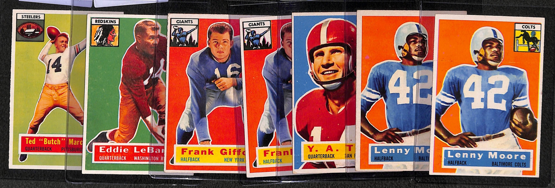 Lot of (7) 1956 Topps Football Cards w. (2) Lenny Moore Rookies, Y.A. Tittle, Frank Gifford and Others