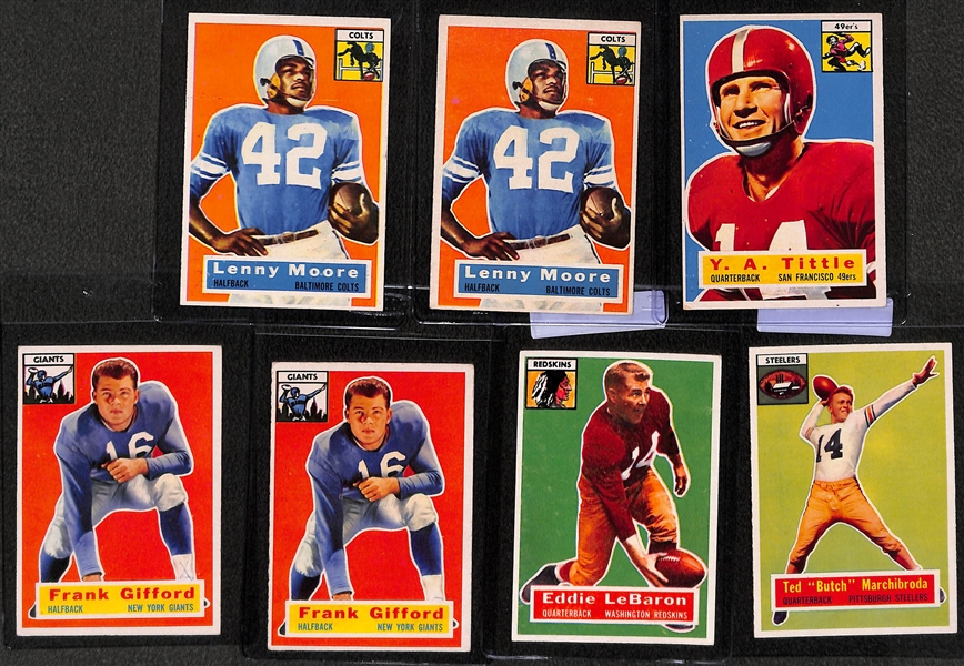 Lot of (7) 1956 Topps Football Cards w. (2) Lenny Moore Rookies, Y.A. Tittle, Frank Gifford and Others