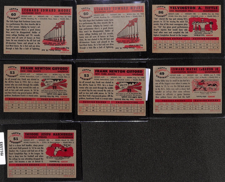 Lot of (7) 1956 Topps Football Cards w. (2) Lenny Moore Rookies, Y.A. Tittle, Frank Gifford and Others