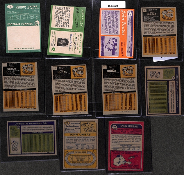 Lot of (11) 1960s and 70s Johnny Unitas Football Cards