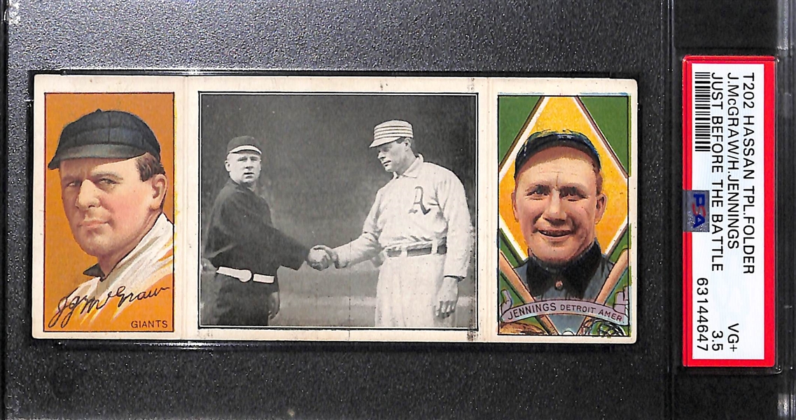 1912 T202 Hassan Triple Folder John McGraw & Hugh Jennings Just Before the Battle PSA 3.5 VG+