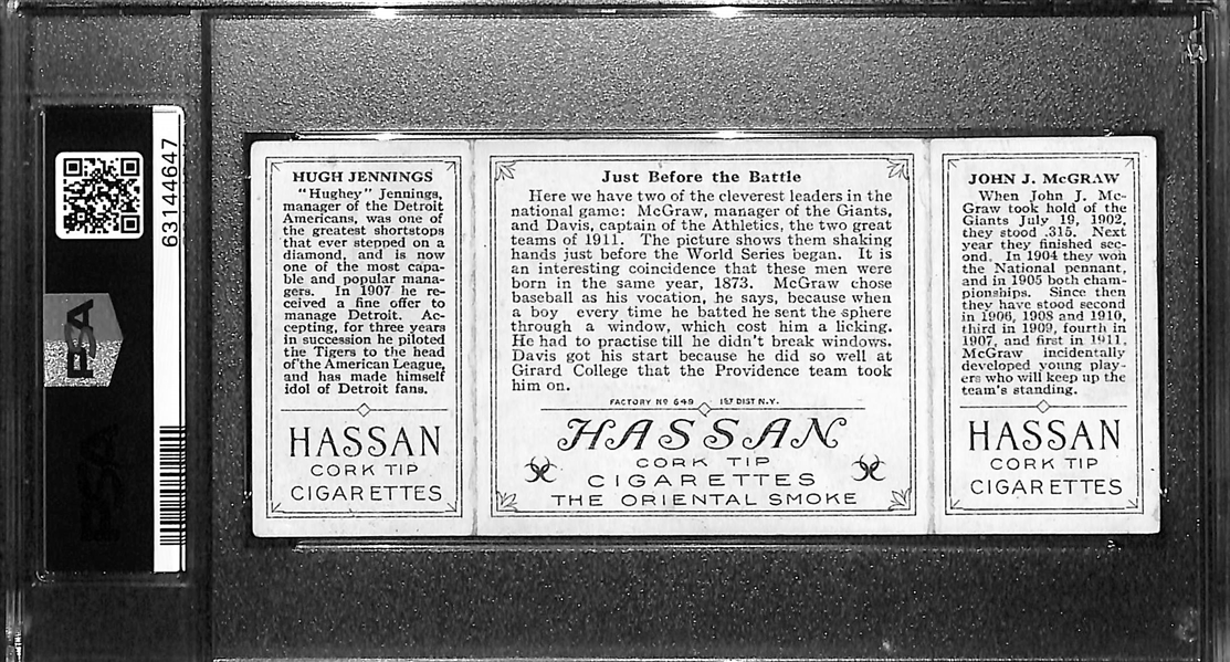 1912 T202 Hassan Triple Folder John McGraw & Hugh Jennings Just Before the Battle PSA 3.5 VG+