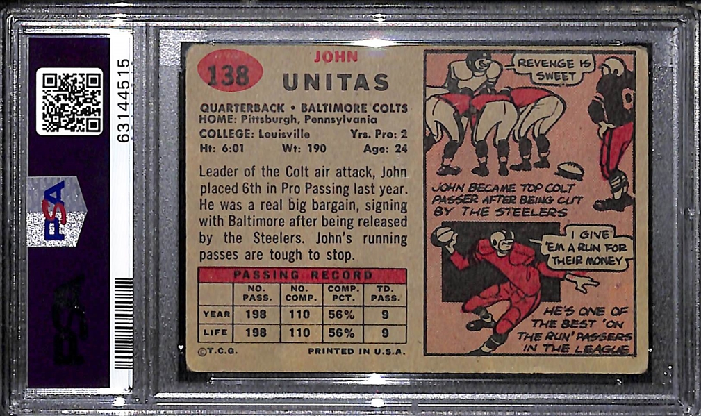 1957 Topps Johnny Unitas Rookie Card #138 Graded PSA 2 GD