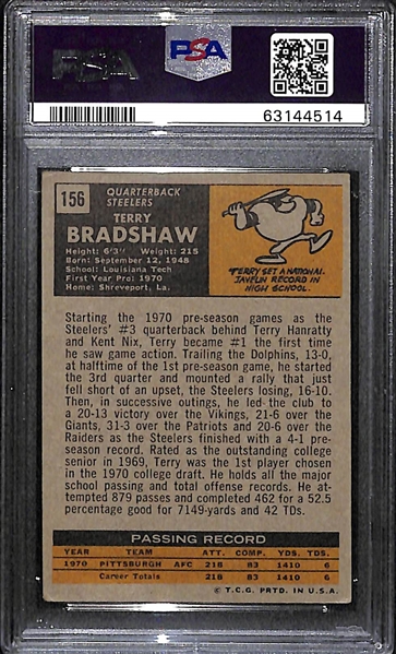 1971 Topps Terry Bradshaw Rookie Card #156 Graded PSA 3.5 VG+