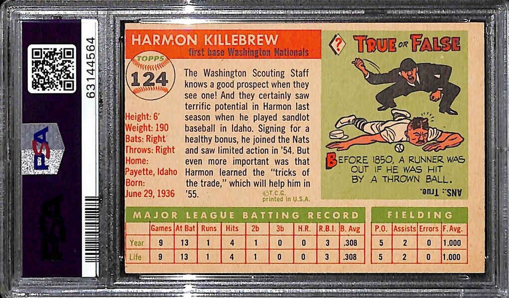 1955 Topps Harmon Killebrew (HOF) #124 Rookie Card Graded PSA 6 EX-MT
