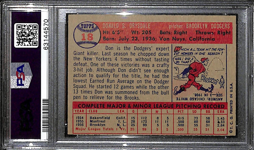 1957 Topps Don Drysdale (HOF) #18 Rookie Card Graded PSA 7 NM