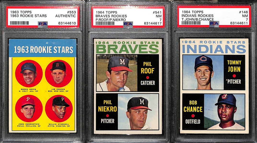 Rookie Lot - 1963 Stargell (PSA Authentic), 1964 Phil Niekro (PSA 7), 1964 Tommy John (PSA 7)