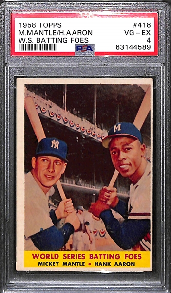 1958 Topps #418 Mickey Mantle & Hank Aaron WS Batting Foes Graded PSA 4