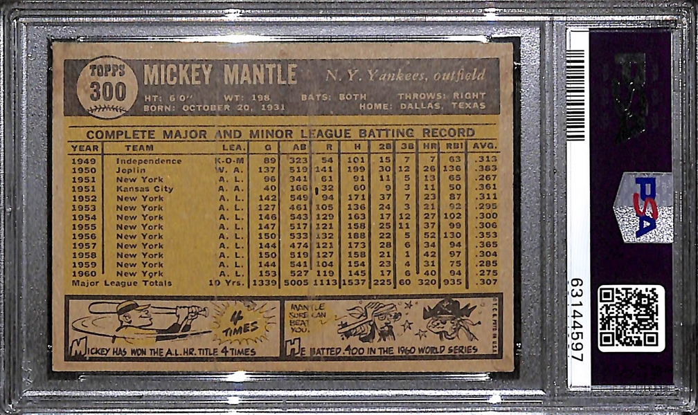 1961 Topps Mickey Mantle #300 Graded PSA 6 EX-MT