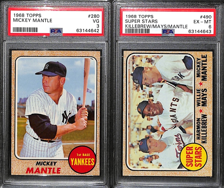 Mickey Mantle Graded Lot - 1968 #280 (PSA 3), 1968 Super Stars Mantle/Mays/Killebrew #490 (PSA 6)