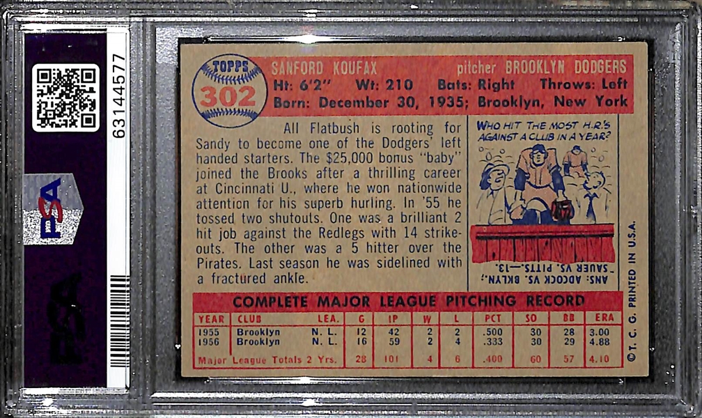 1957 Topps Sandy Koufax #302 Graded PSA 6.5 EX-MT+