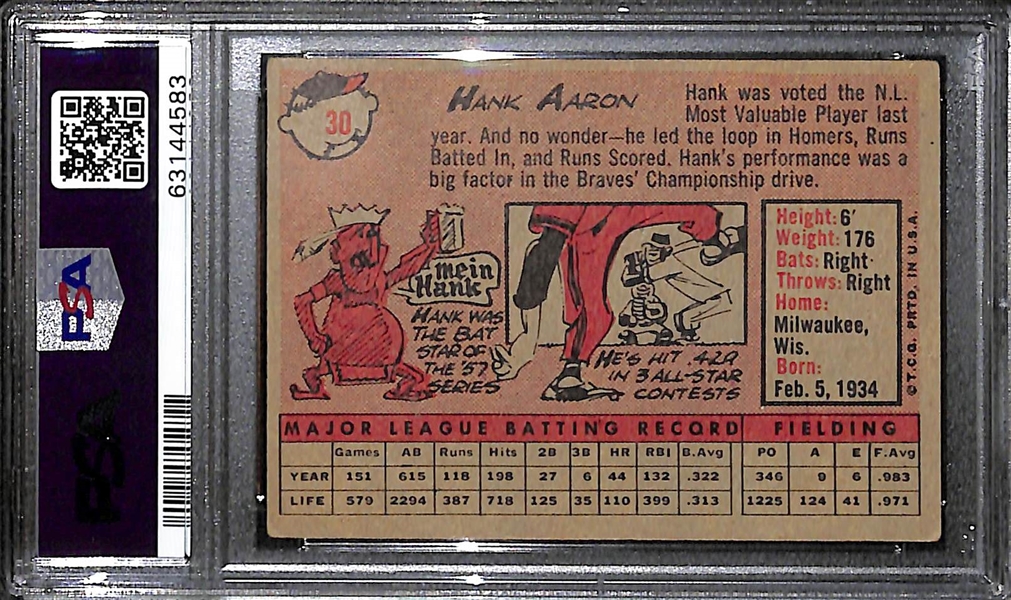 1958 Topps Hank Aaron #30 (White Name) Graded PSA 3 VG