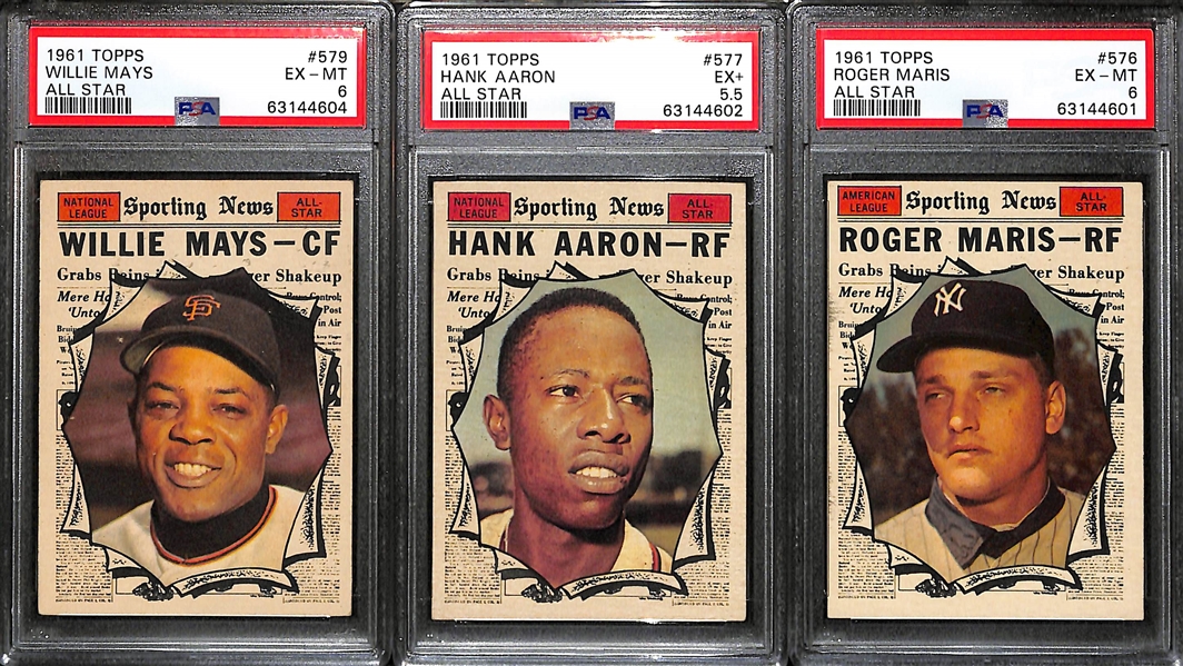 (3) 1961 Topps All-Stars - Willie Mays #579 PSA 6, Hank Aaron #577 PSA 5.5, Roger Maris #576 PSA 6