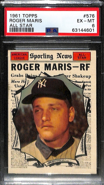 (3) 1961 Topps All-Stars - Willie Mays #579 PSA 6, Hank Aaron #577 PSA 5.5, Roger Maris #576 PSA 6