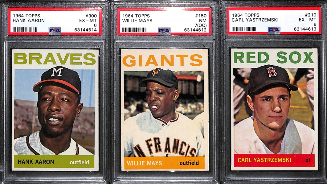 1964 Topps Graded Lot - Hank Aaron #300 PSA 6, Willie Mays #150 PSA 7(OC), Carl Yastrzemski #210 PSA 6