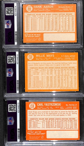 1964 Topps Graded Lot - Hank Aaron #300 PSA 6, Willie Mays #150 PSA 7(OC), Carl Yastrzemski #210 PSA 6