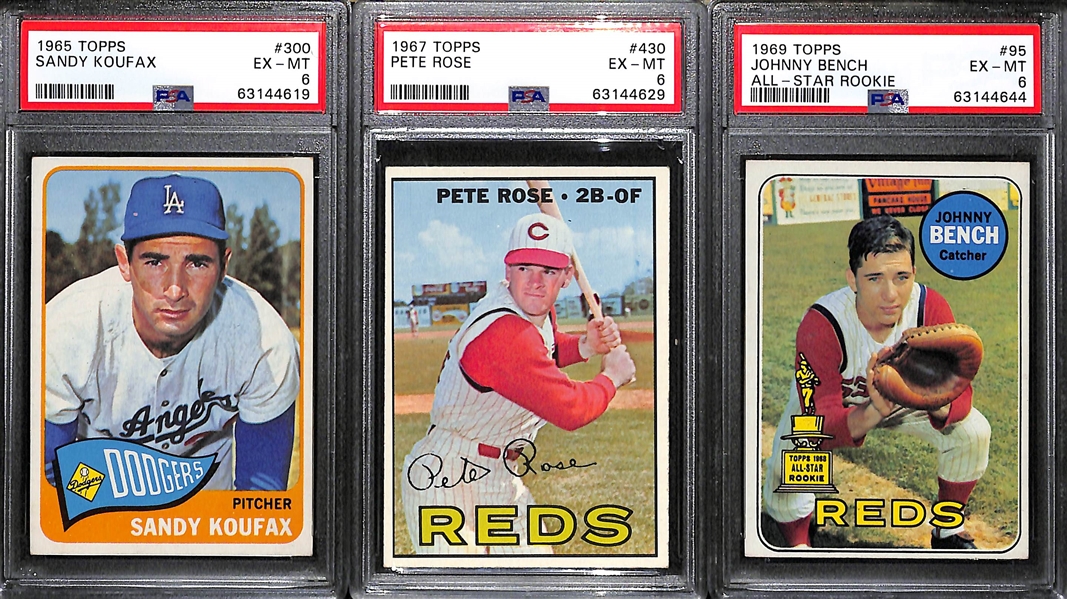 Graded Card Lot - 1965 Sandy Koufax #300 PSA 6, 1966 Pete Rose #430 PSA 6, 1969 Johnny Bench #95 PSA 6