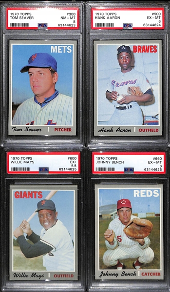 (4) 1970 Topps Graded Cards - Seaver (PSA 8), Aaron (PSA 6), Mays (PSA 5.5), Bench (PSA 6)