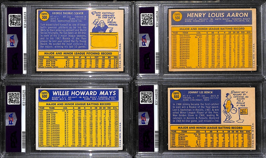 (4) 1970 Topps Graded Cards - Seaver (PSA 8), Aaron (PSA 6), Mays (PSA 5.5), Bench (PSA 6)