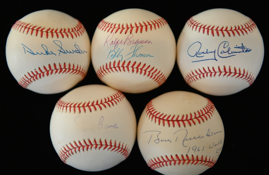 Lot of (5) Signed Baseballs -Duke Snider, Rocky Colavito, Booby Richardson, Ernie Banks (Faded), Branca/Thomson (JSA Auction LOA)