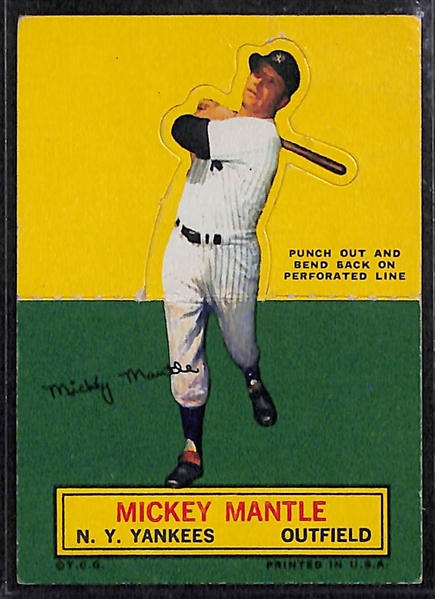 (4) Mickey Mantle Cards w. 1964 Topps Baseball Stand-Ups, 1965 Topps Embossed and (2) 1961 Baseball Scoops