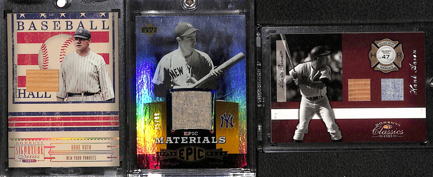 Relic Lot - 2003 Donruss Babe Ruth Bat Card, Upper Deck Joe DiMaggio Jersey Card, 2005 Classics Hank Aaron Jersey/Bat Card