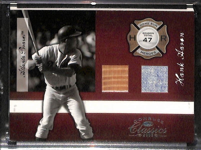 Relic Lot - 2003 Donruss Babe Ruth Bat Card, Upper Deck Joe DiMaggio Jersey Card, 2005 Classics Hank Aaron Jersey/Bat Card
