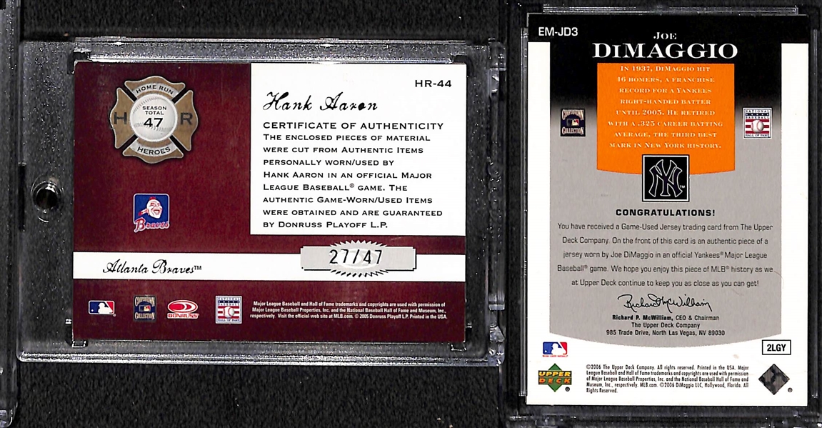 Relic Lot - 2003 Donruss Babe Ruth Bat Card, Upper Deck Joe DiMaggio Jersey Card, 2005 Classics Hank Aaron Jersey/Bat Card