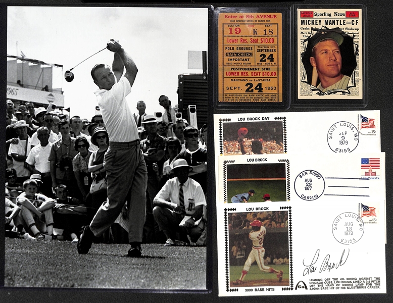 Memorabilia Lot - 1953 Marciano Vs. La Starza Ticket Stub, 1961 Topps Mickey Matle All Star Card (w. Pinholes),1978 Type 2 Arnold Palmer Photo, Lou Brock Auto