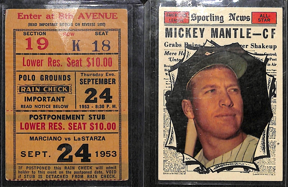 Memorabilia Lot - 1953 Marciano Vs. La Starza Ticket Stub, 1961 Topps Mickey Matle All Star Card (w. Pinholes),1978 Type 2 Arnold Palmer Photo, Lou Brock Auto