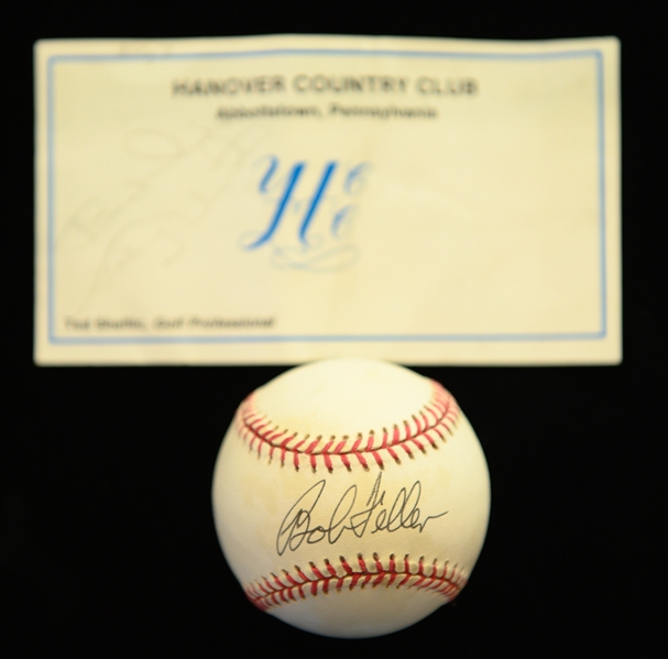 Autograph Lot - Unitas Signed Golf Scorecard, Paterno & David Robinson Signed Dinner Program, & Bob Feller Signed Baseball (JSA Auction Letter)
