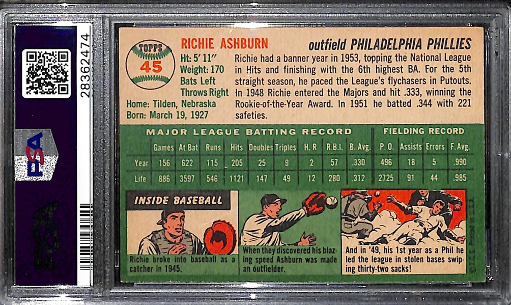 1954 Topps Richie Ashburn #45 Graded PSA 8 NM-MT