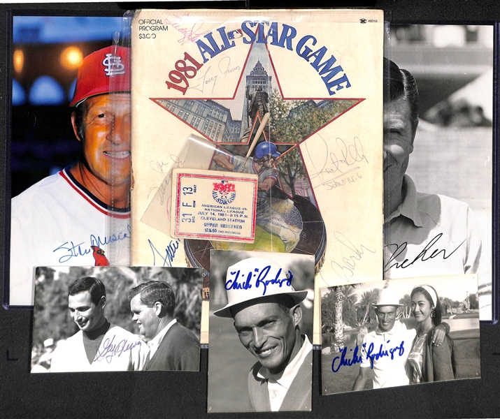 Autograph Lot - Musial Photo, 1981 AS Game Signed Program w. Stargell, Feller, F. Howard(Cover/Pages Detached, Inc. Ticket Stub), Golf Photos (JSA Auction Letter)