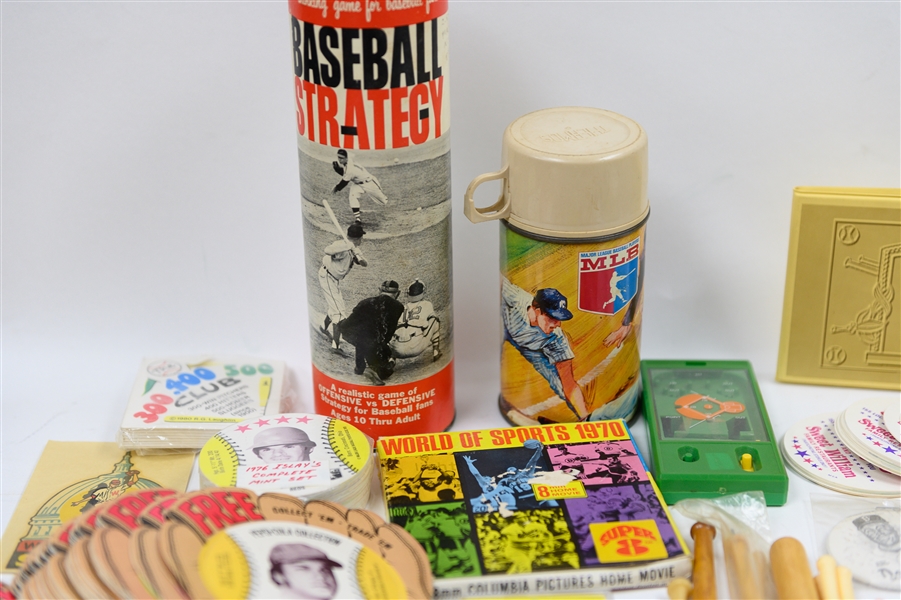 Miscellanious Baseball Memorabilia Lot w. 1968 MLB Thermos, Vintage Games, 1976 Islay's Coaster Set, 1970 World of Sports 8mm Home Movie 