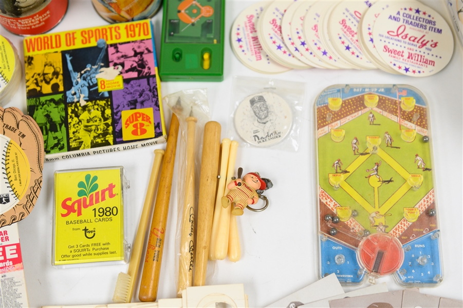Miscellanious Baseball Memorabilia Lot w. 1968 MLB Thermos, Vintage Games, 1976 Islay's Coaster Set, 1970 World of Sports 8mm Home Movie 
