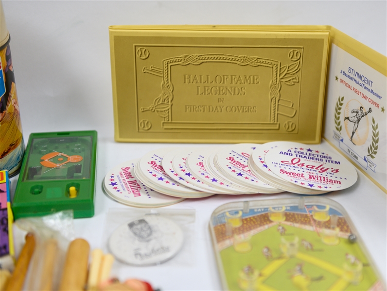 Miscellanious Baseball Memorabilia Lot w. 1968 MLB Thermos, Vintage Games, 1976 Islay's Coaster Set, 1970 World of Sports 8mm Home Movie 