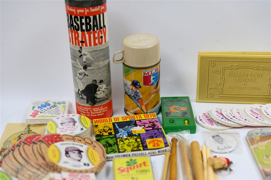 Miscellanious Baseball Memorabilia Lot w. 1968 MLB Thermos, Vintage Games, 1976 Islay's Coaster Set, 1970 World of Sports 8mm Home Movie 