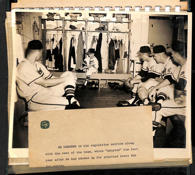 Lefty Miller's (Braves Bat Boy) Original Braves Autograph Album & 10 Wire Photos & 2x3 Photo of Miller w. Aaron (JSA Auction Letter)