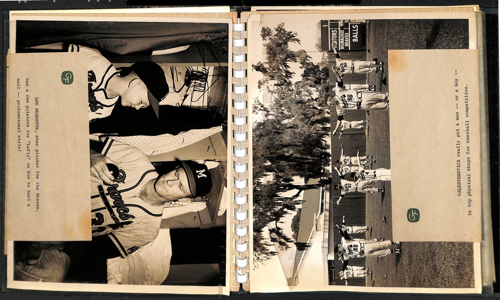 Lefty Miller's (Braves Bat Boy) Original Braves Autograph Album & 10 Wire Photos & 2x3 Photo of Miller w. Aaron (JSA Auction Letter)