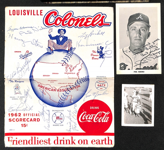 Lefty Miller's (Braves Bat Boy) Original Braves Autograph Album & 10 Wire Photos & 2x3 Photo of Miller w. Aaron (JSA Auction Letter)
