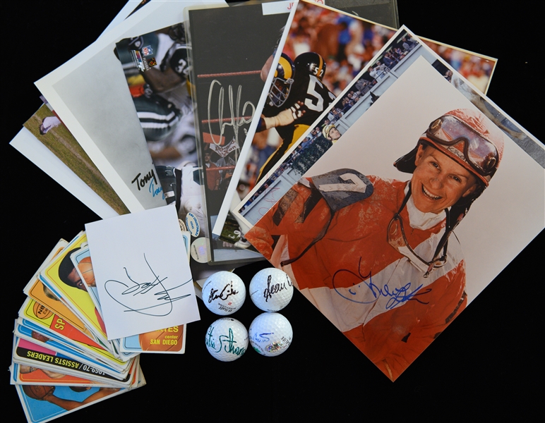 Lot of (17) Autographs (w. Bradshaw, James Harrison, Ashburn, Emile Griffith, Larry Holmes, L. Bacall, Chris Jerico, +) & (27) 1970 Basketball Cards (JSA Auction Letter)
