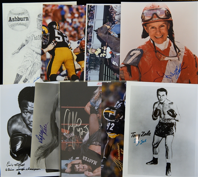 Lot of (17) Autographs (w. Bradshaw, James Harrison, Ashburn, Emile Griffith, Larry Holmes, L. Bacall, Chris Jerico, +) & (27) 1970 Basketball Cards (JSA Auction Letter)