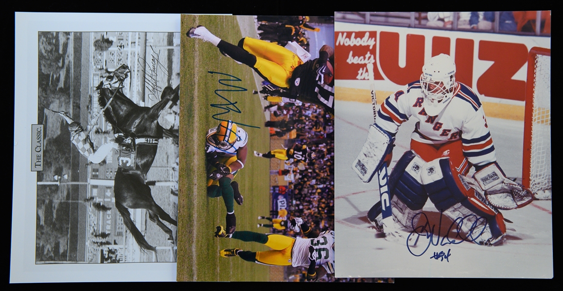 Lot of (17) Autographs (w. Bradshaw, James Harrison, Ashburn, Emile Griffith, Larry Holmes, L. Bacall, Chris Jerico, +) & (27) 1970 Basketball Cards (JSA Auction Letter)