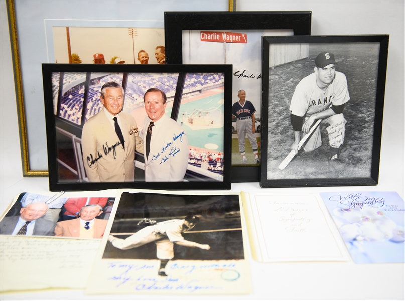 (8) Signed Items From Broadway Charlie Wagner's Estate, Inc. Carlton Fisk (Sympathy Card), Harry Kalas (Sympathy Card), Boo Ferriss (Letter), & Charlie Wagner Autographs (JSA Auction Letter)