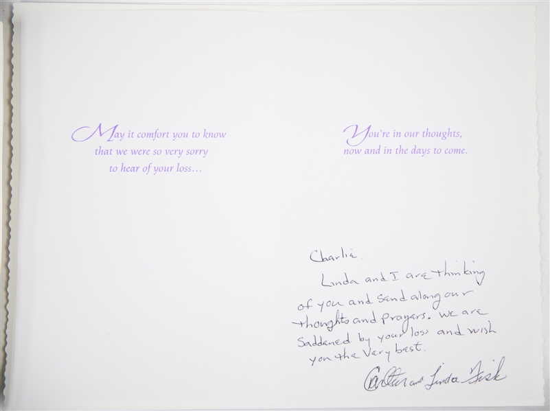 (8) Signed Items From Broadway Charlie Wagner's Estate, Inc. Carlton Fisk (Sympathy Card), Harry Kalas (Sympathy Card), Boo Ferriss (Letter), & Charlie Wagner Autographs (JSA Auction Letter)