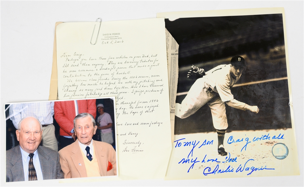 (8) Signed Items From Broadway Charlie Wagner's Estate, Inc. Carlton Fisk (Sympathy Card), Harry Kalas (Sympathy Card), Boo Ferriss (Letter), & Charlie Wagner Autographs (JSA Auction Letter)